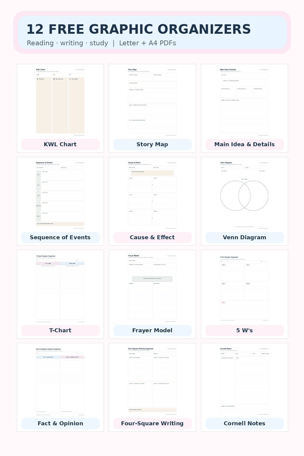 Preview grid showing the twelve printable graphic organizers included in the free PDF pack
