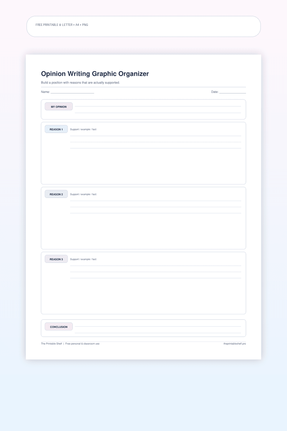 Opinion writing organizer with opinion, three reasons and support, and conclusion
