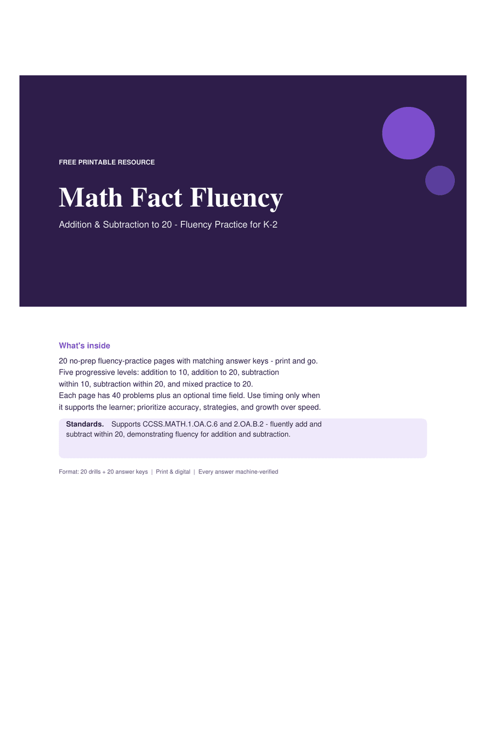 Cover preview of the free math fact fluency — addition & subtraction to 20 printable PDF