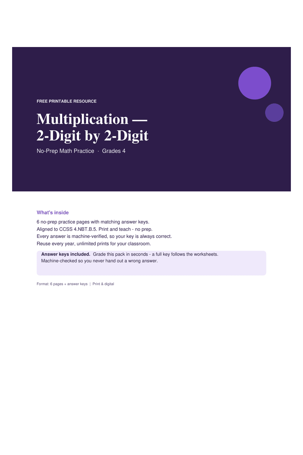 Cover preview of the free multiplication — 2-digit by 2-digit printable PDF