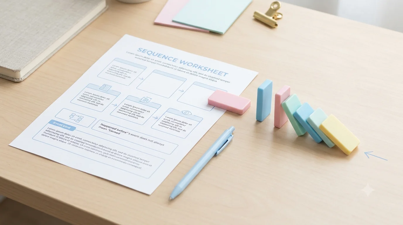Pastel sequence worksheet beside colorful dominoes illustrating sequence and cause-and-effect relationships