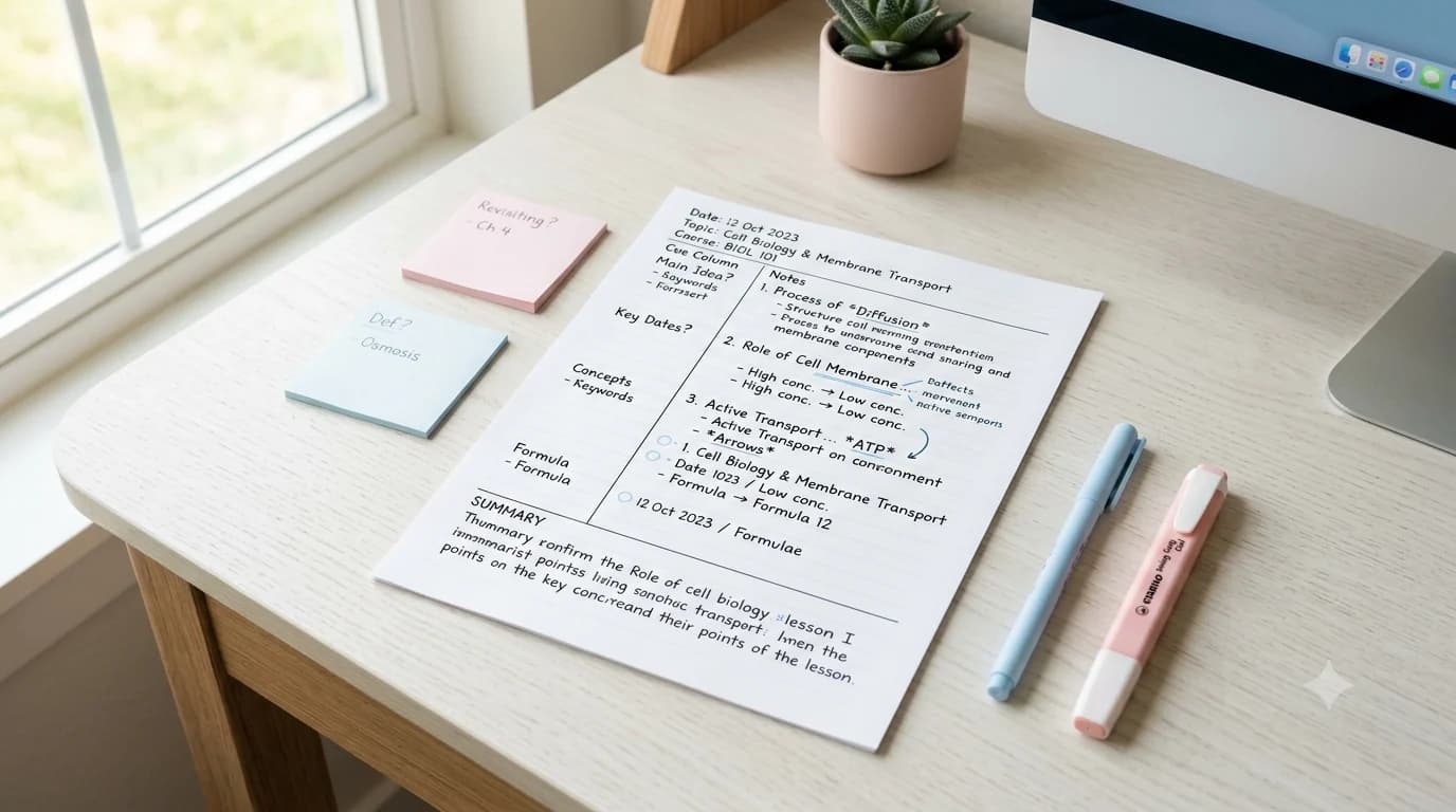 Cornell Notes study sheet on a bright pastel desk with cue questions, biology notes, sticky notes, a blue pen, and a pink highlighter