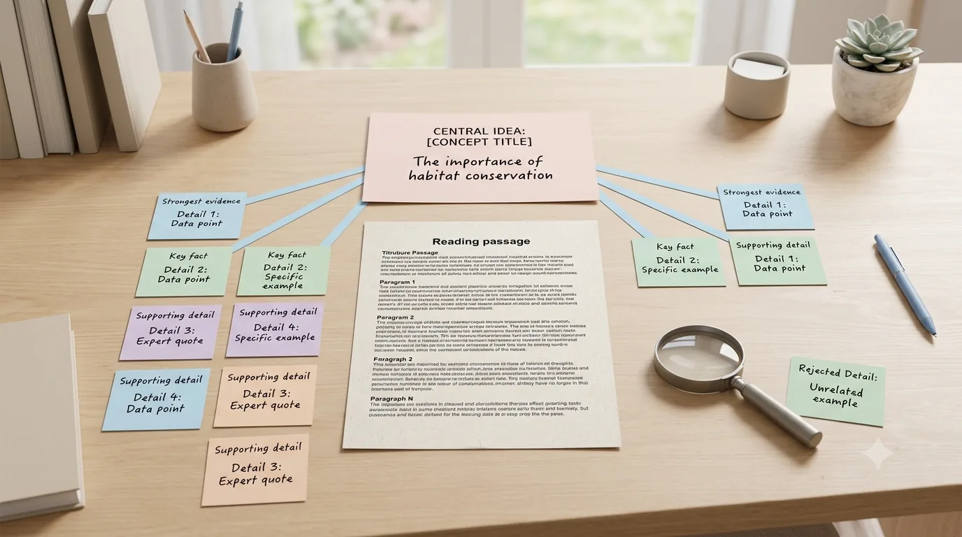 Reading passage with a central idea card, supporting-detail notes, and a magnifying glass highlighting a rejected detail