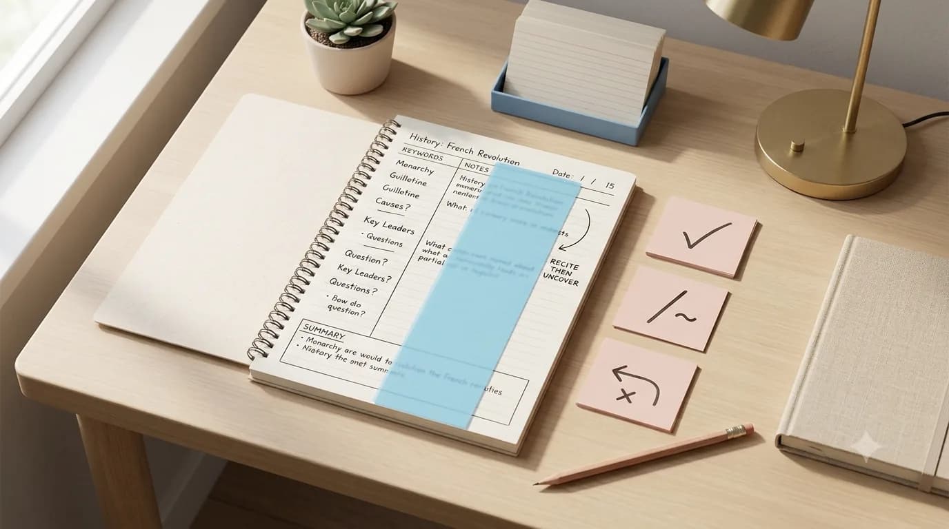Cornell Notes review page with a translucent blue cover strip, pastel self-check cards, and study desk accessories