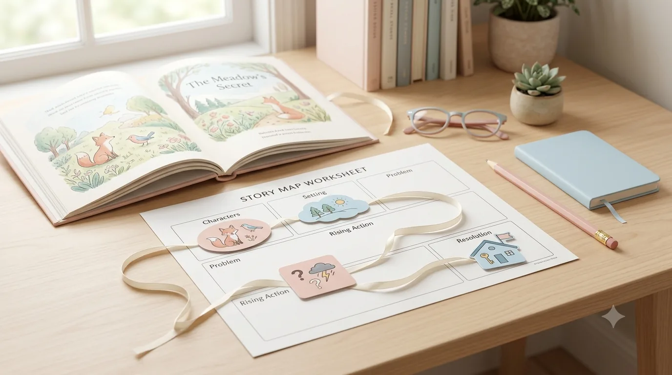 Open illustrated storybook beside a story-map worksheet with pastel story-element tokens and a winding ribbon