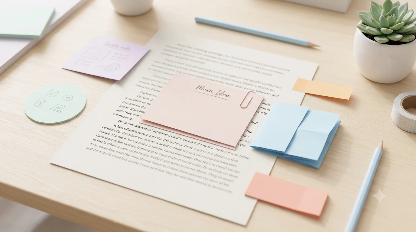 Pastel study desk with a reading passage, a pink Main Idea card, and folded blue summary notes