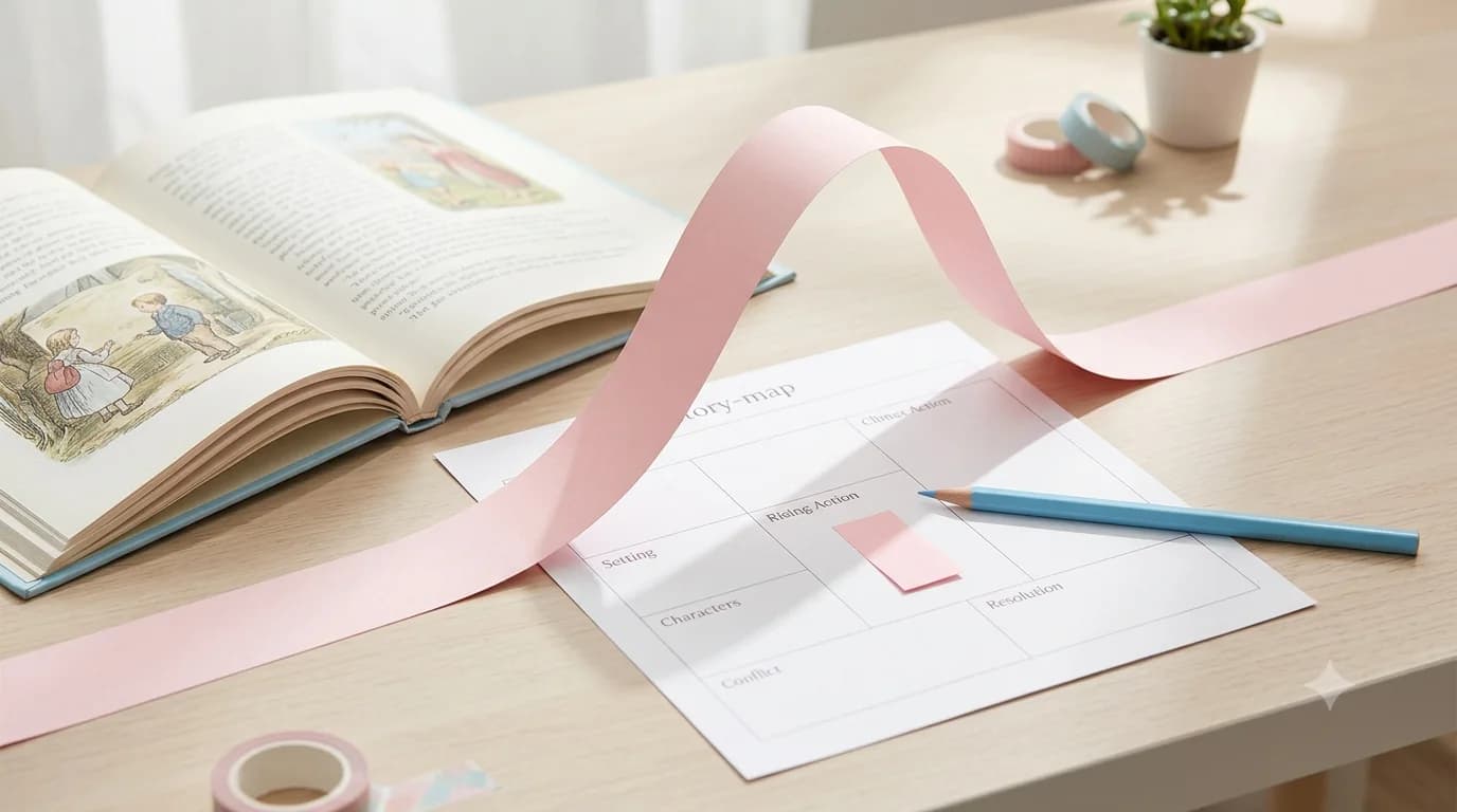 Story map worksheet beside an open book and a pink paper ribbon shaped like a plot arc