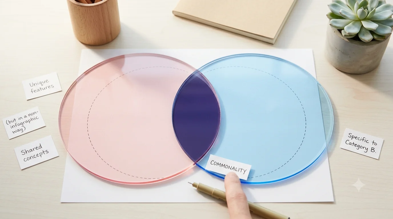 Pink and blue translucent Venn diagram circles with comparison notes on a bright study desk