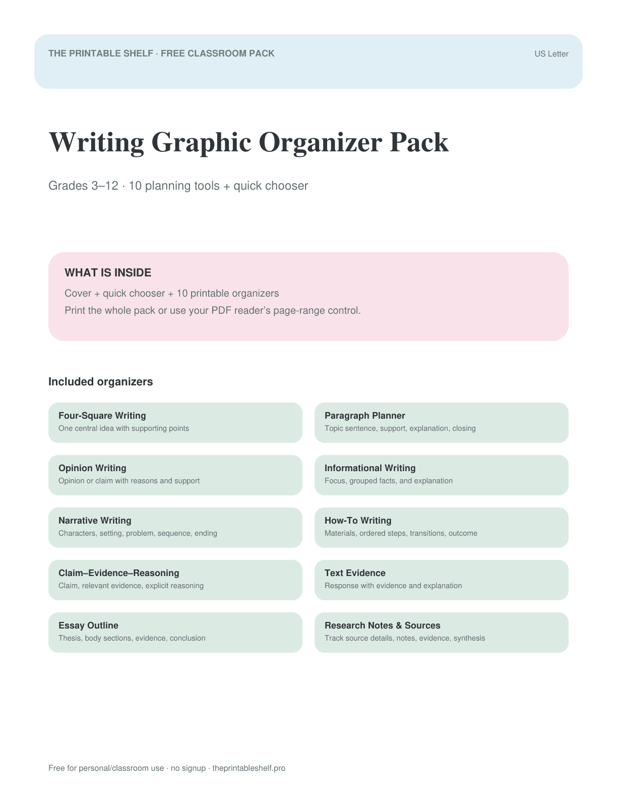 Cover preview of Free Writing Graphic Organizer Pack