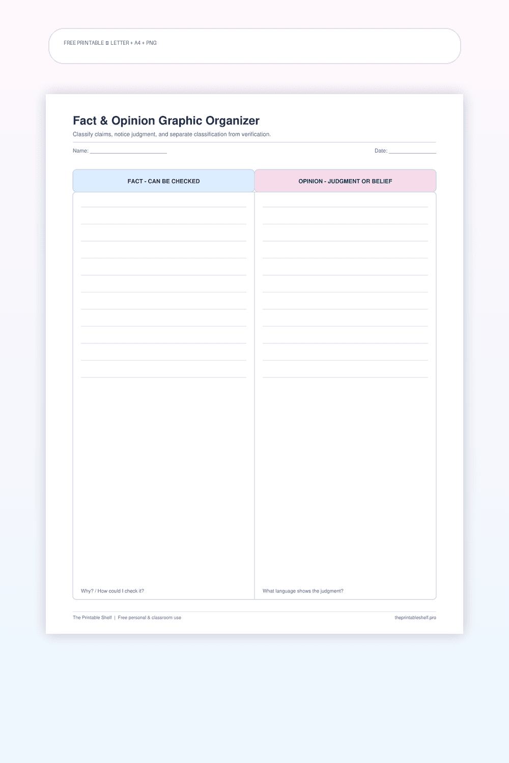 Fact and opinion graphic organizer with verification prompts
