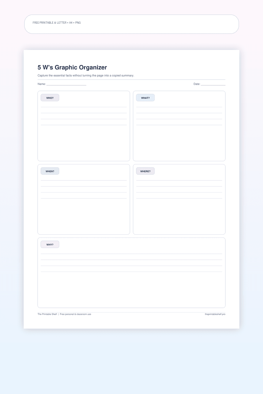 Five W's graphic organizer with Who, What, When, Where, and Why sections