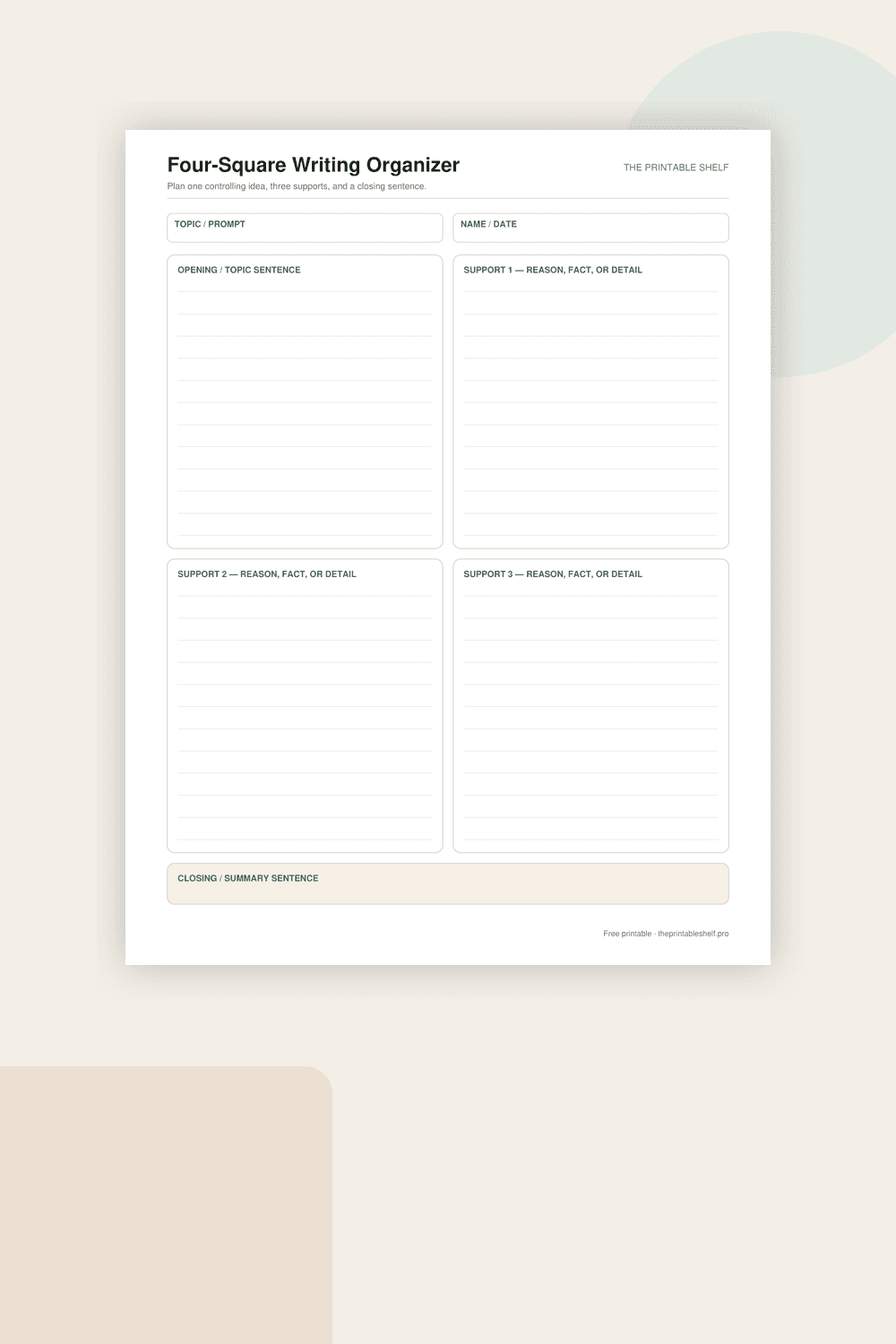 Four-square writing organizer with opening, three support sections, and a closing sentence