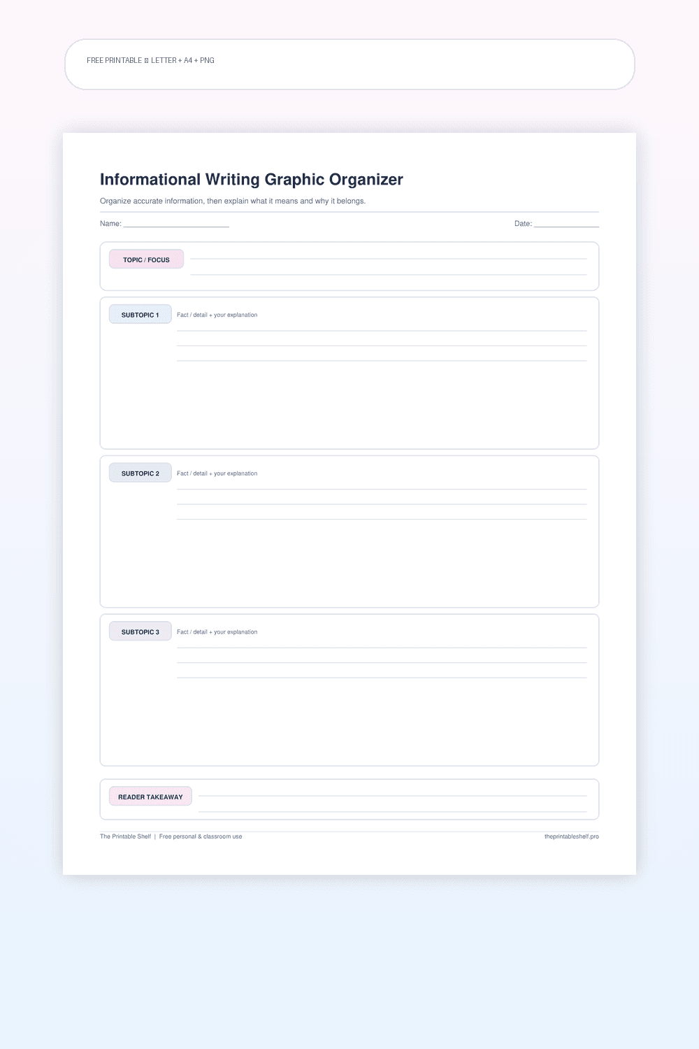Informational writing organizer with topic, facts or subtopics, explanations, and takeaway