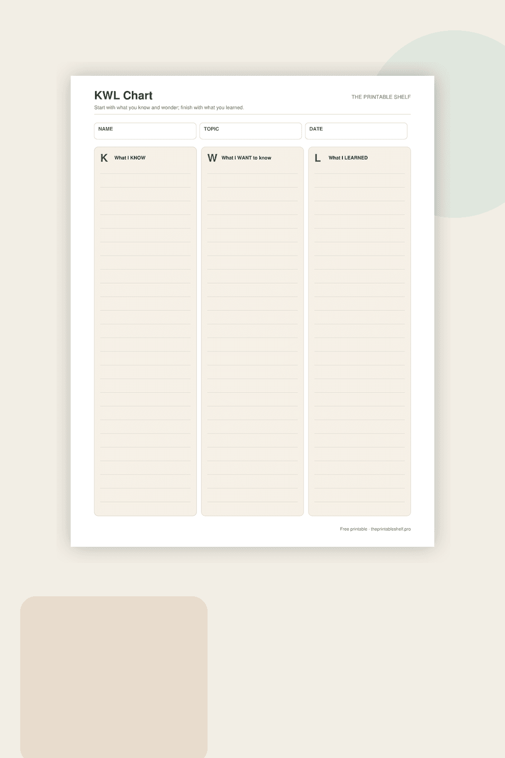 Free KWL chart printable with Know, Want to Know, and Learned columns