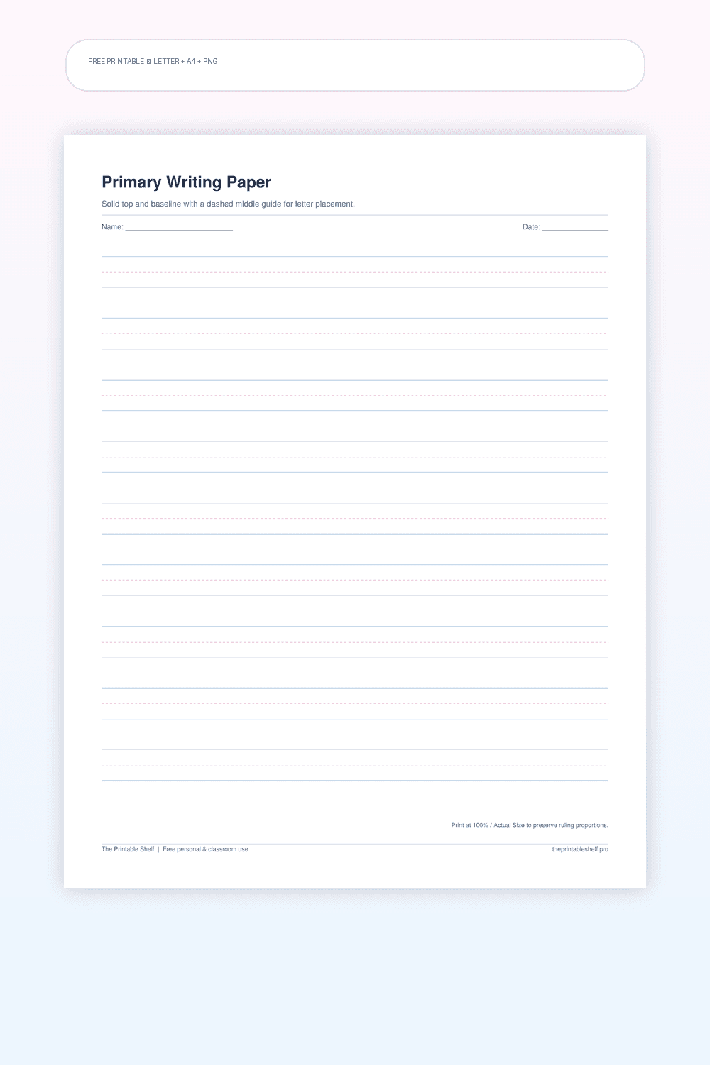 Primary writing paper printable with solid and dashed handwriting guide lines