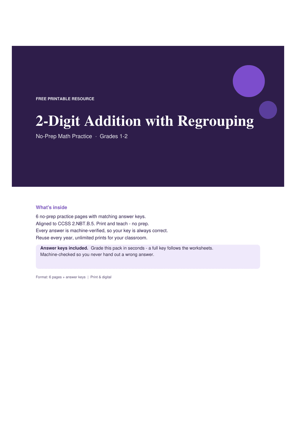 Cover preview of the free 2-digit addition with regrouping printable PDF