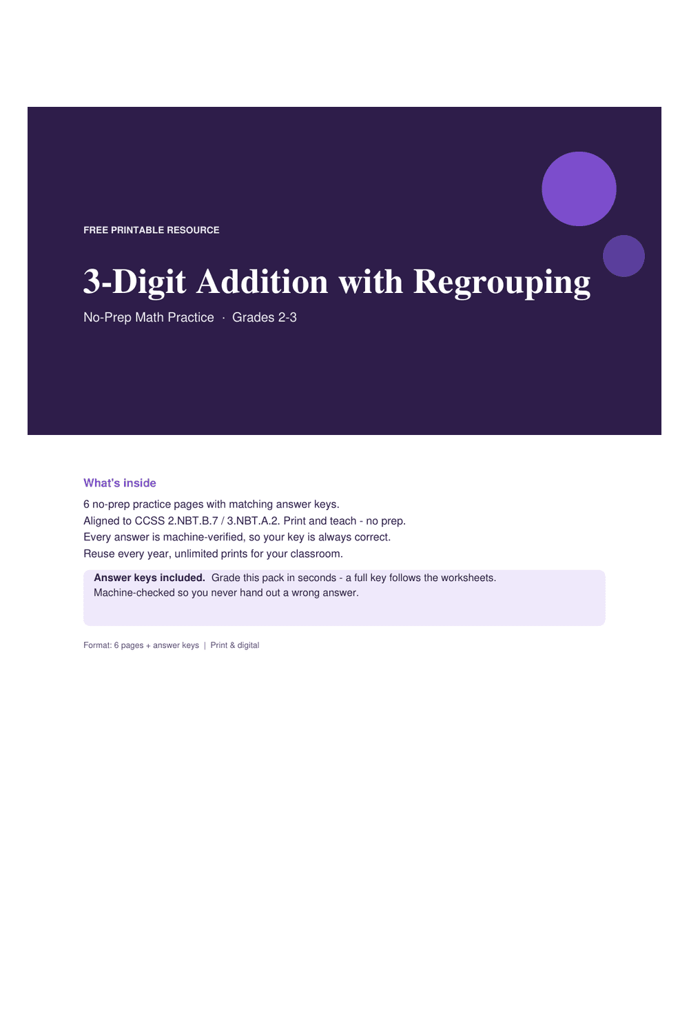 Cover preview of the free 3-digit addition with regrouping printable PDF