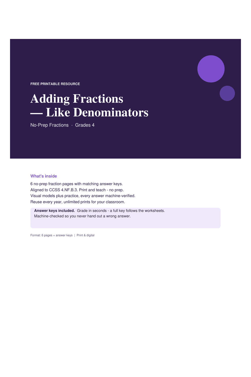 Cover preview of the free adding fractions — like denominators printable PDF