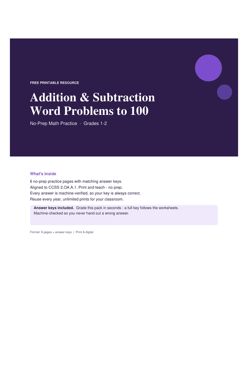 Cover preview of the free addition & subtraction word problems to 100 printable PDF
