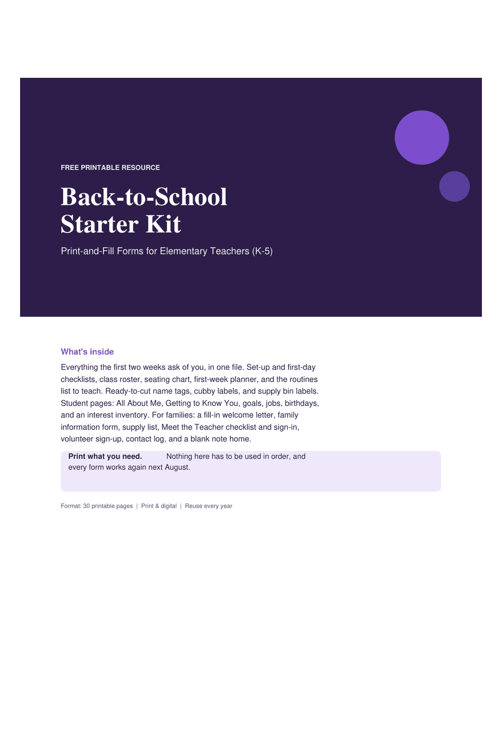 Cover preview of the free back-to-school starter kit printable PDF