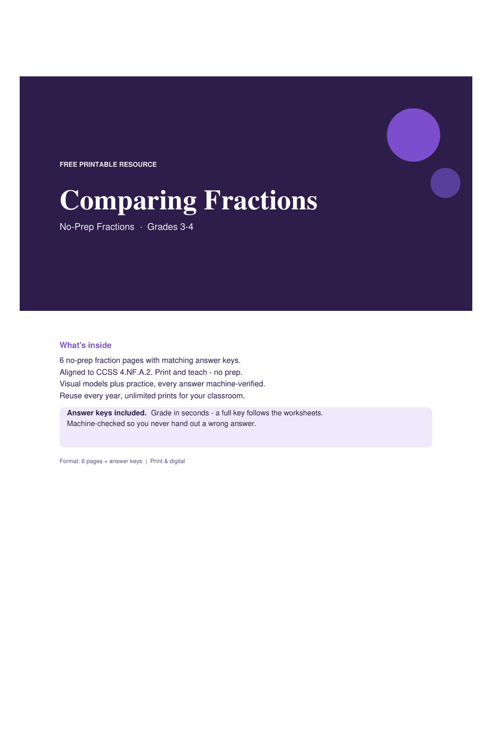 Cover preview of the free comparing fractions printable PDF