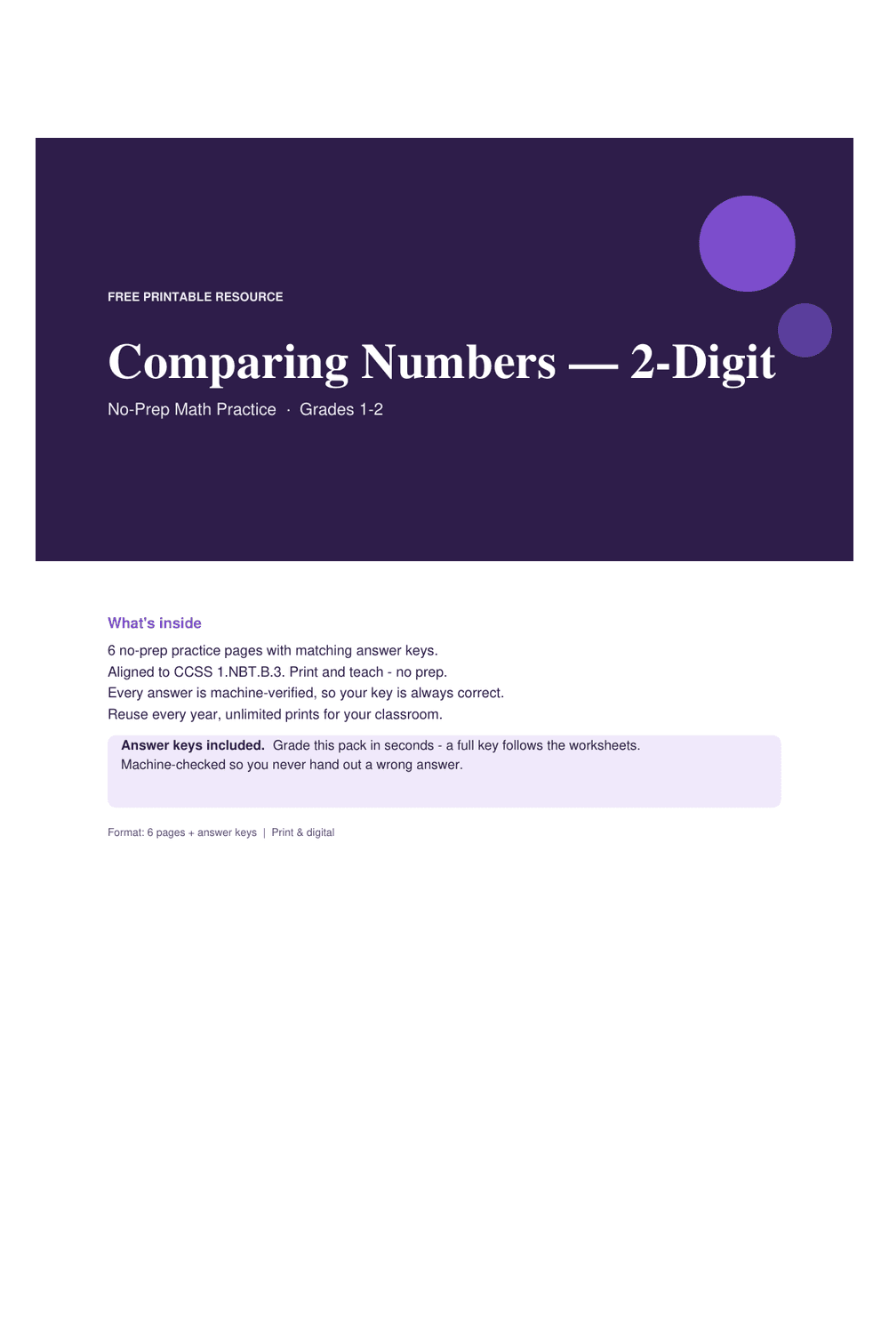 Cover preview of the free comparing numbers — 2-digit printable PDF