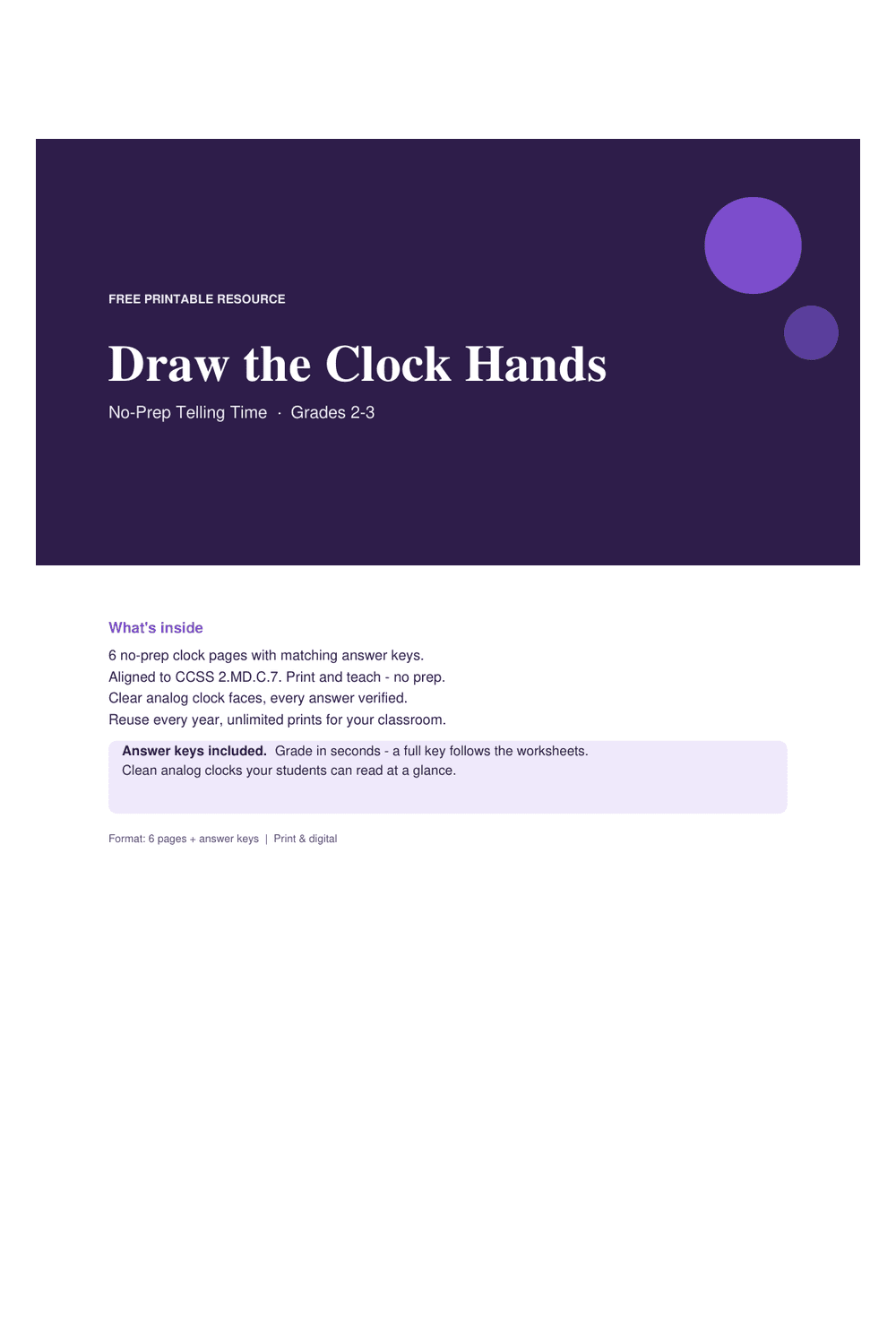 Cover preview of the free draw the clock hands printable PDF