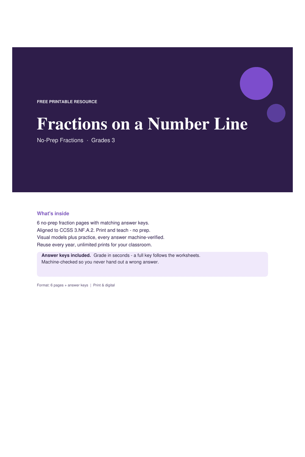 Cover preview of the free fractions on a number line printable PDF
