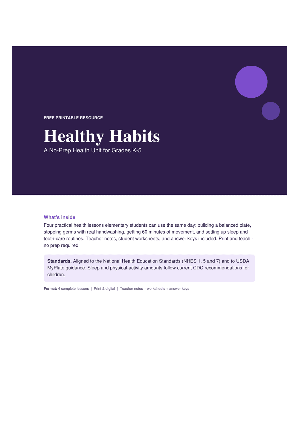 Cover preview of the free healthy habits unit printable PDF
