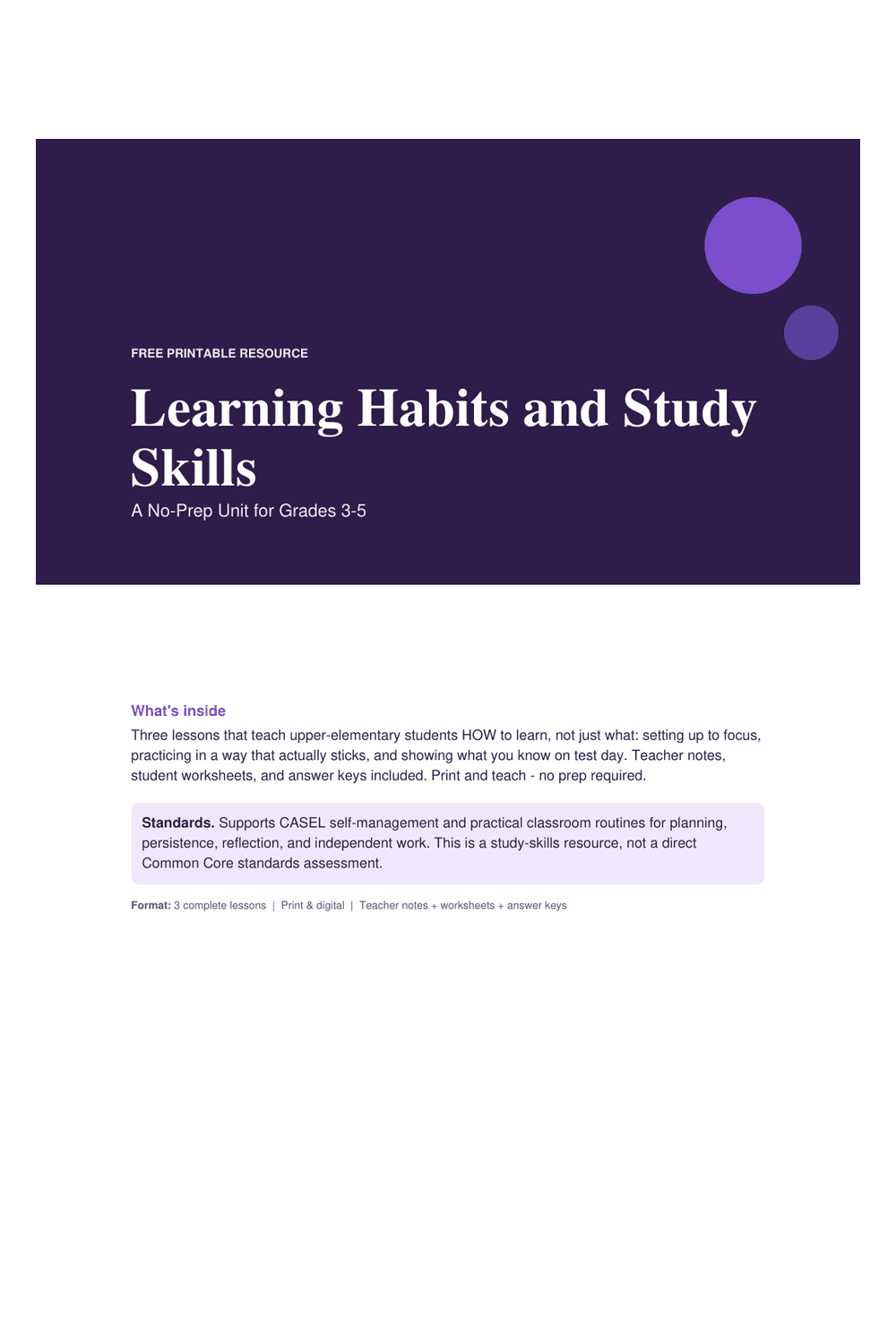 Cover preview of the free learning habits & study skills unit printable PDF
