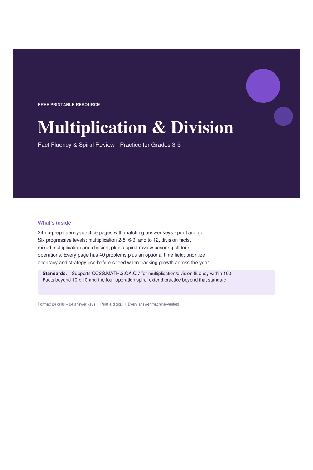 Cover preview of the free multiplication & division — fluency + spiral review printable PDF
