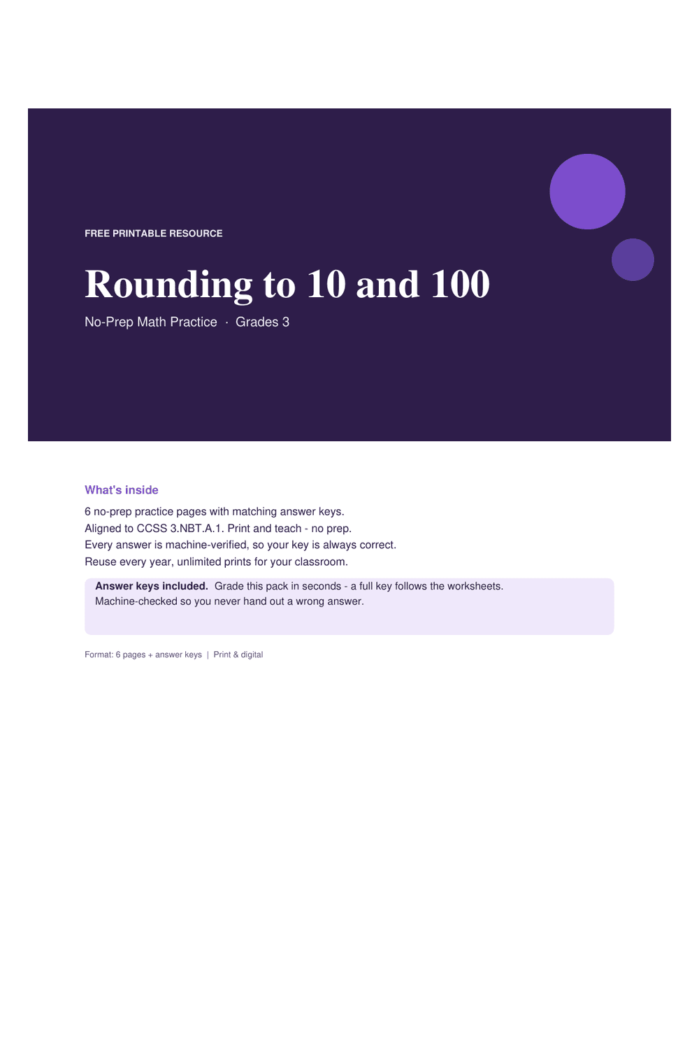 Cover preview of the free rounding to 10 and 100 printable PDF
