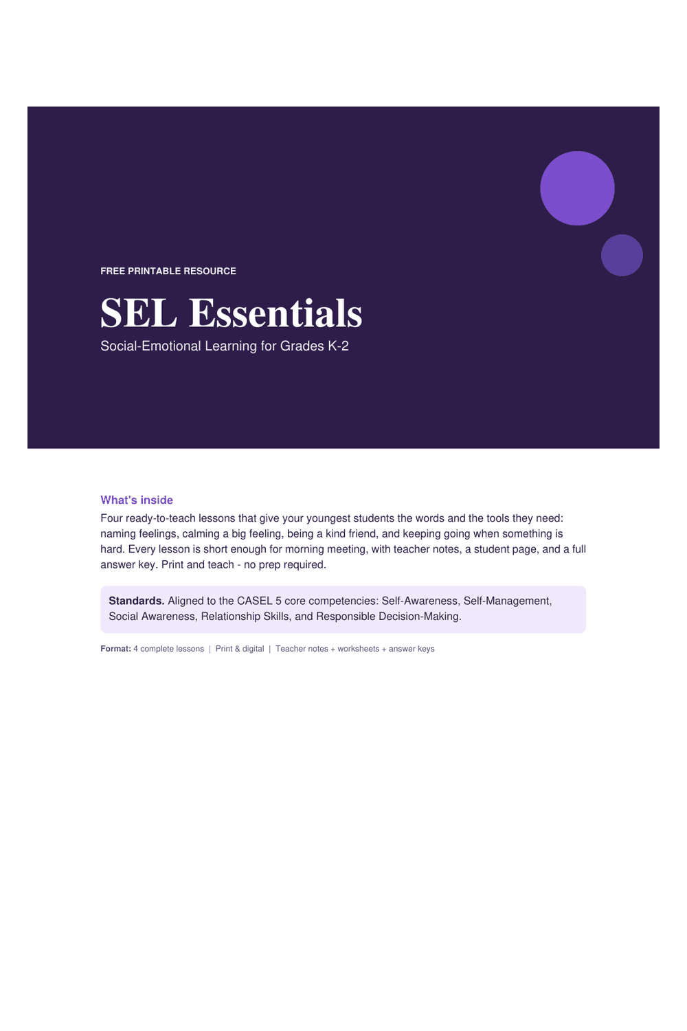 Cover preview of the free sel essentials — grades k-2 printable PDF