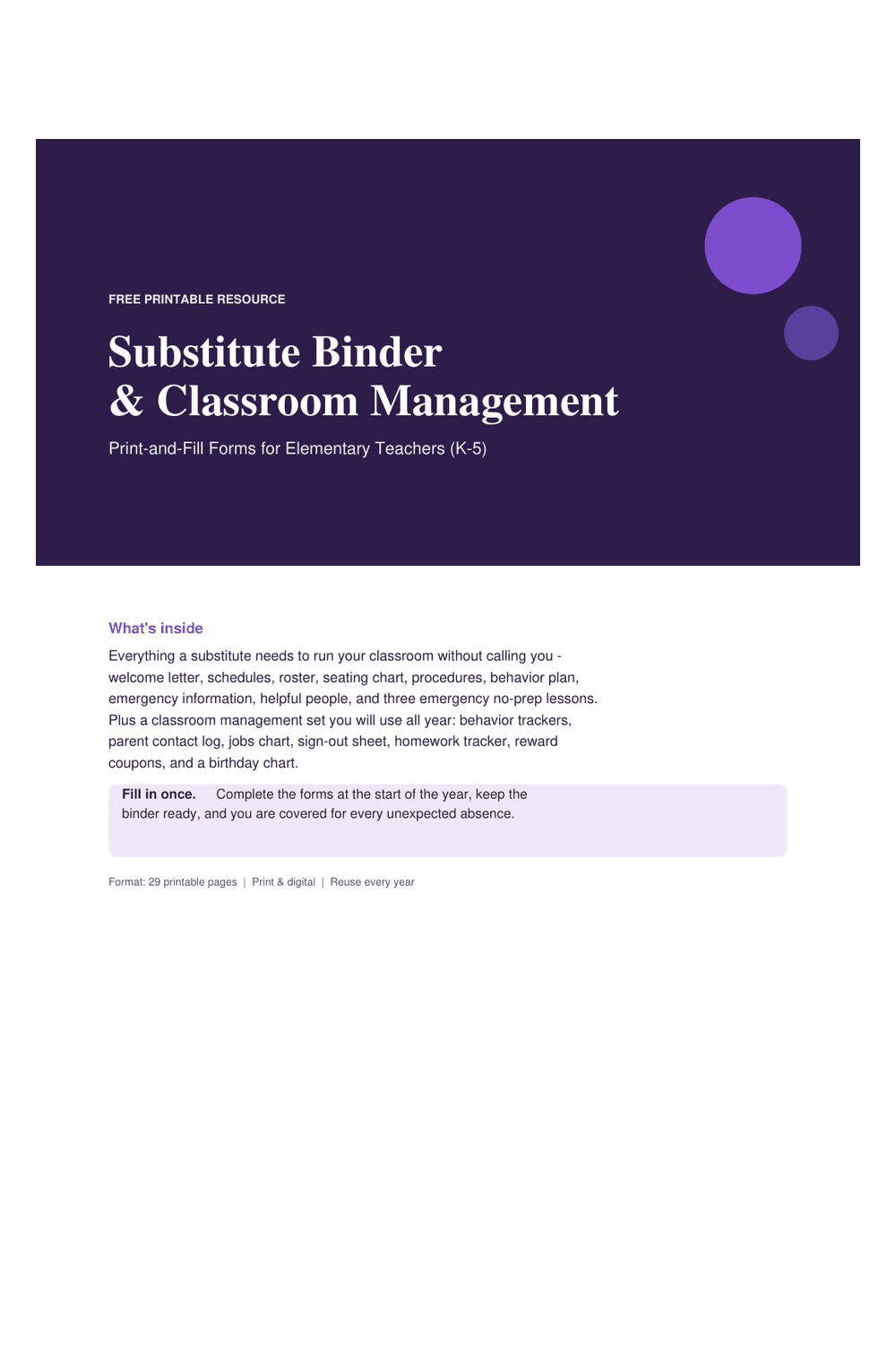Cover preview of the free substitute binder & classroom management pack printable PDF