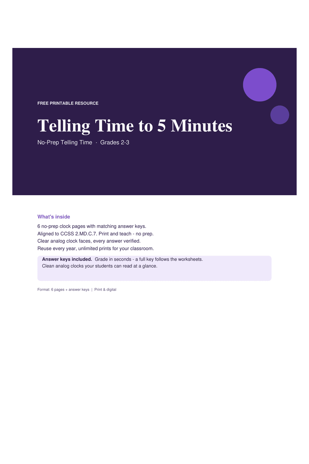 Cover preview of the free telling time to 5 minutes printable PDF