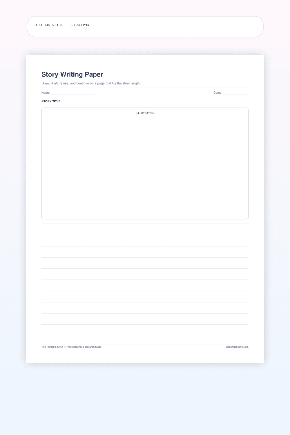 Story writing paper printable with title area illustration box and lined writing space