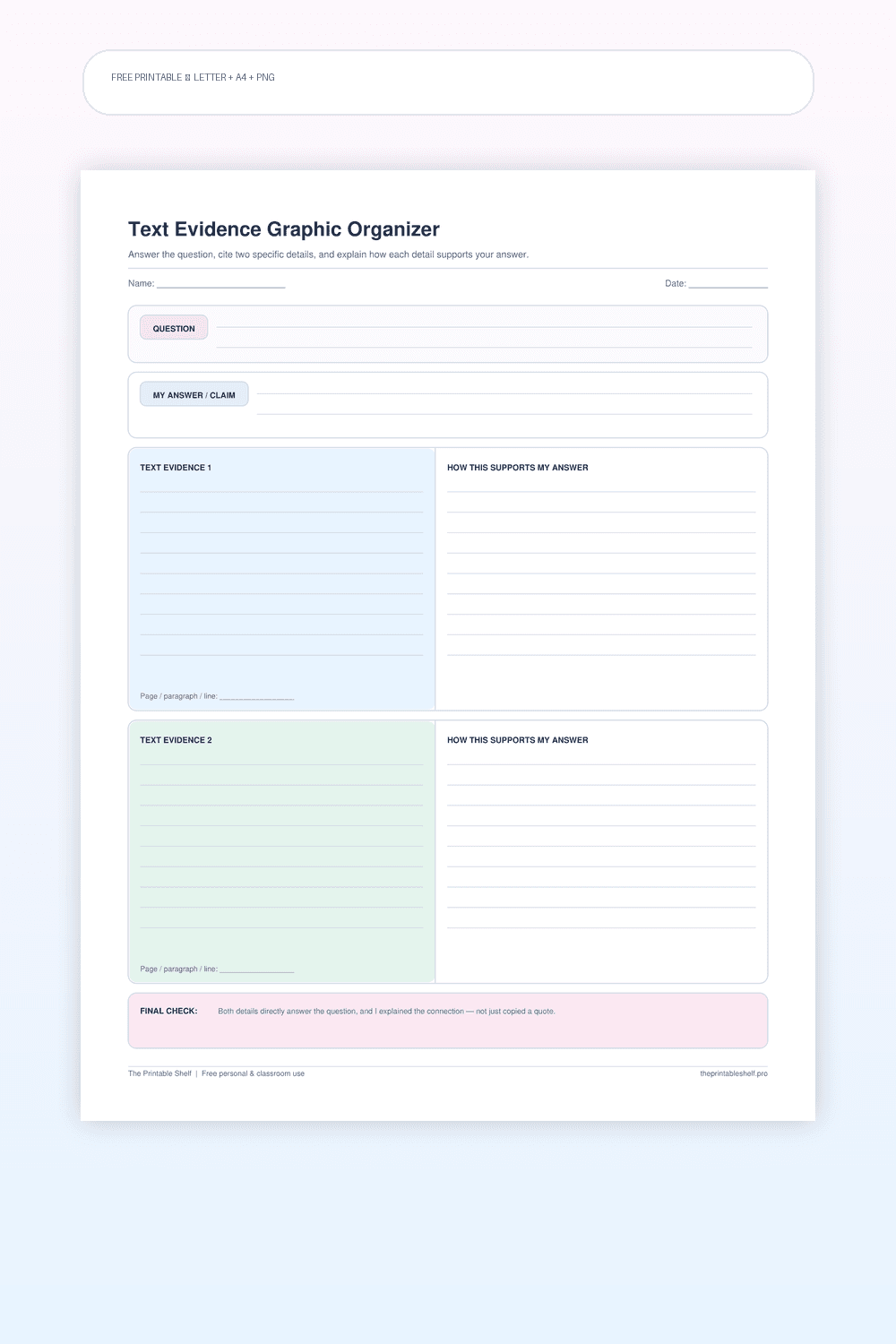 Text evidence organizer with question claim two evidence boxes and explanation sections