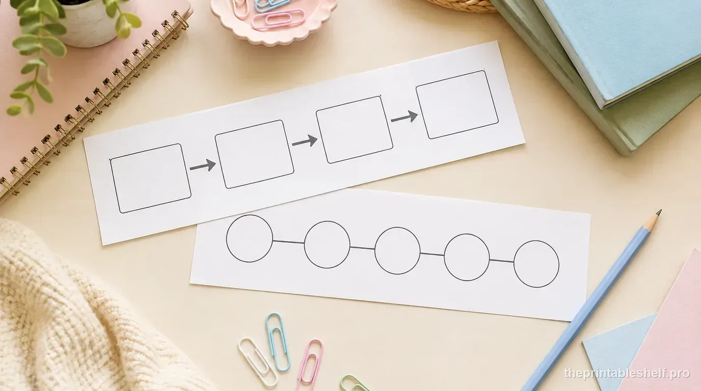 Pastel sequence worksheet beside colorful dominoes illustrating sequence and cause-and-effect relationships