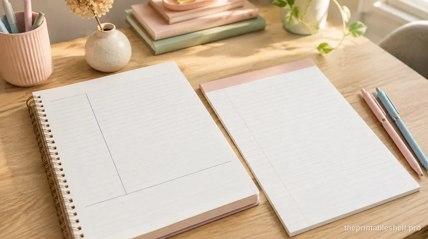 Cornell Notes page and outline-method page side by side on a bright pastel study desk