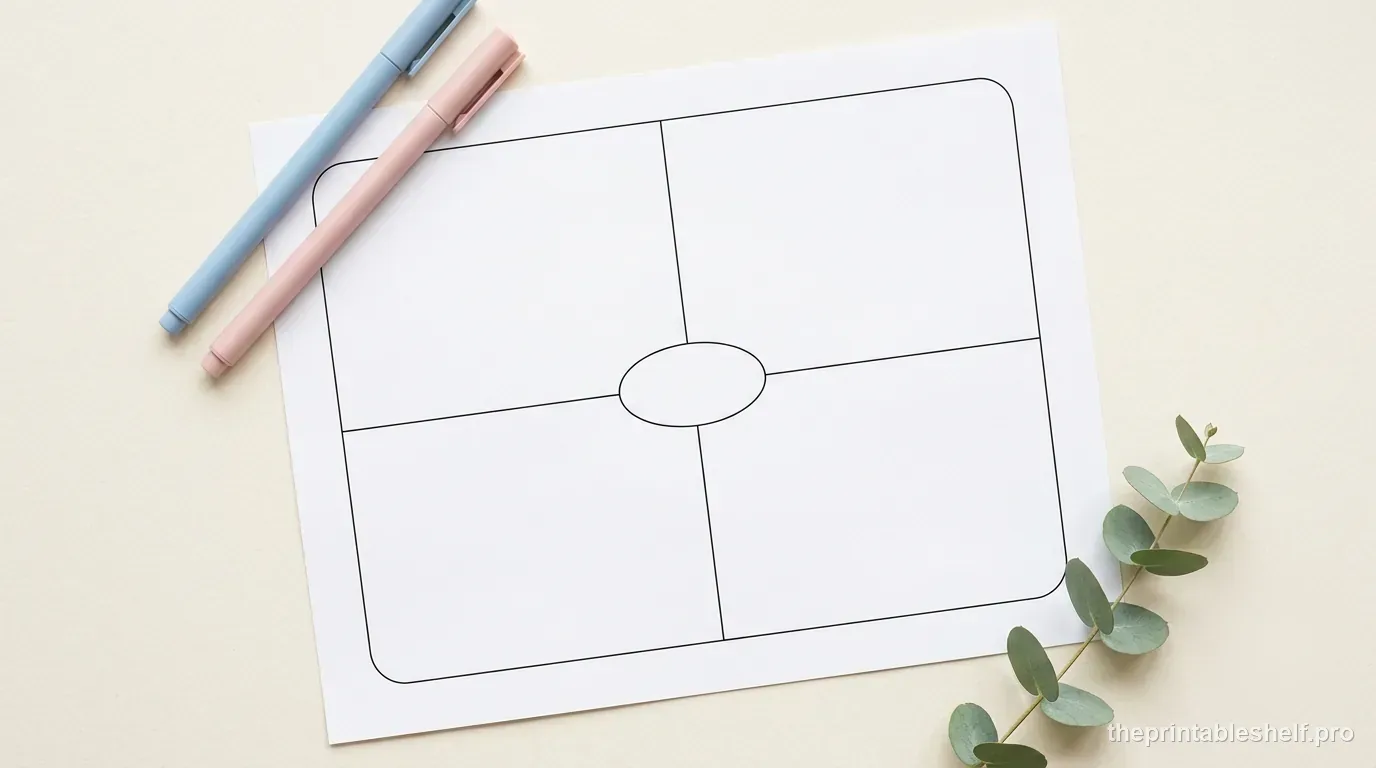 Pastel Frayer Model worksheet with examples, non-examples, and a magnifying glass on a study desk