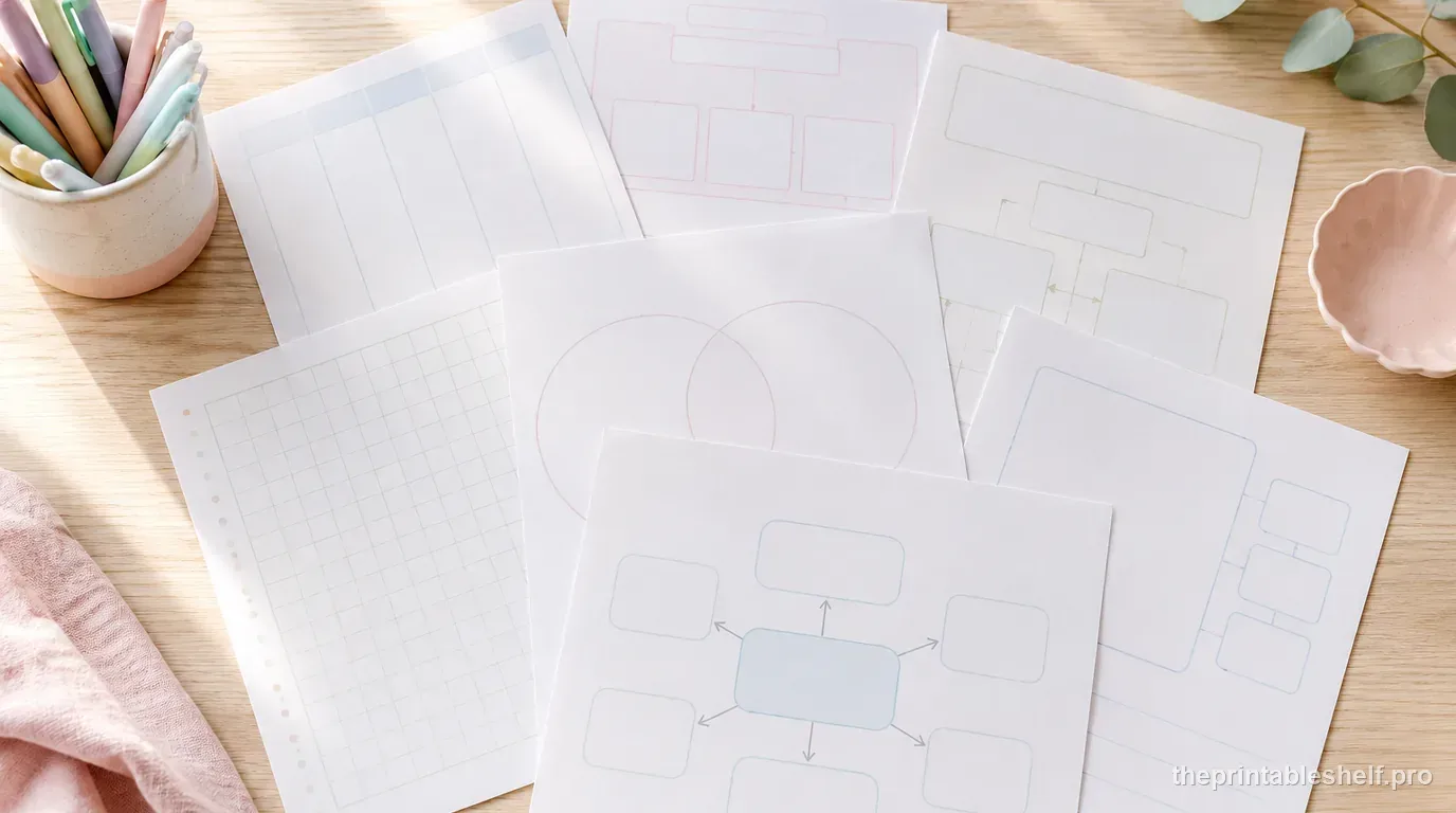 Fan of pastel graphic organizer printables for brainstorming, sequencing, notes, story mapping, vocabulary, and study planning