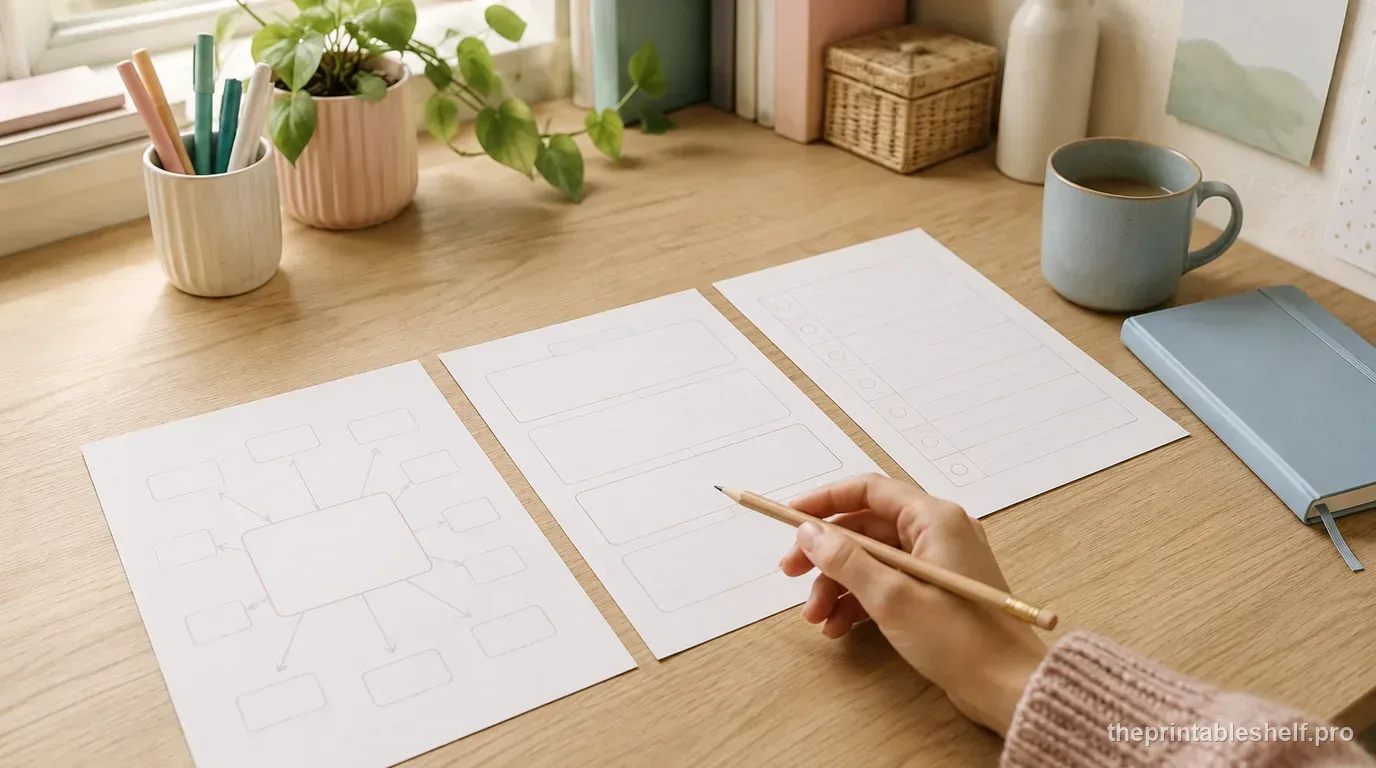 Pastel writing organizer with planning cards flowing toward a finished paragraph page