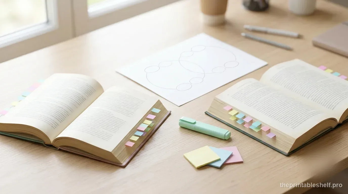 Two reading texts connected by pastel evidence lines to a central text-comparison organizer