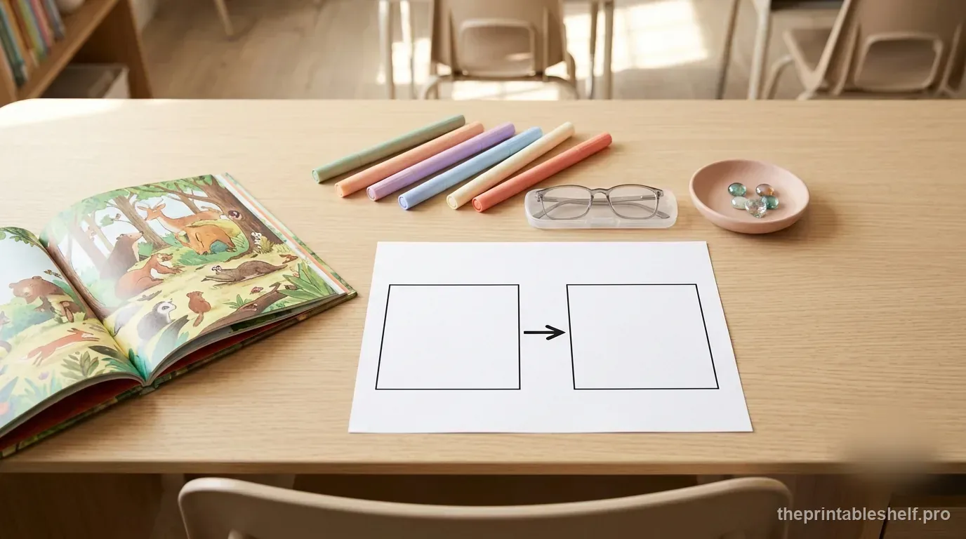 Cause-and-effect reading worksheet beside an open book and pastel dominoes showing a causal chain