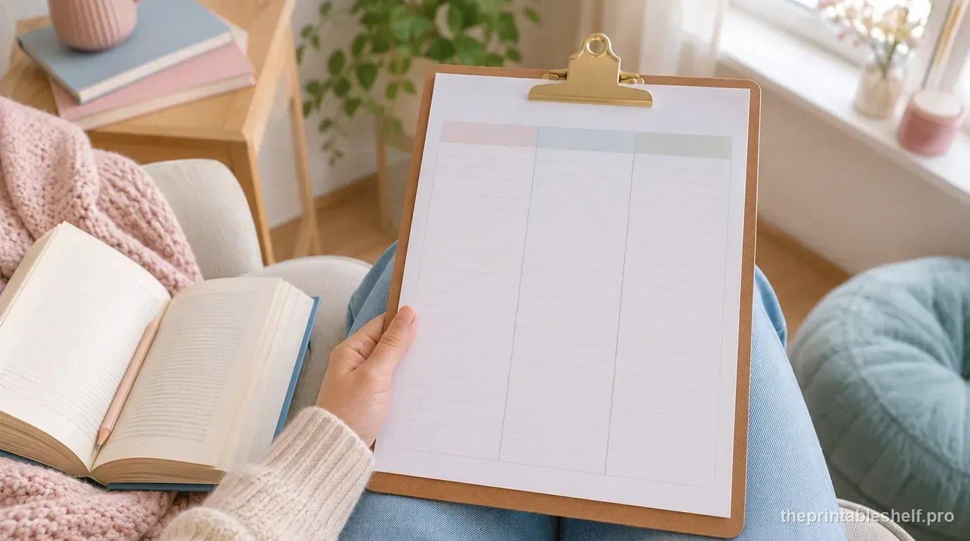 Pastel KWL chart beside an open book with Know, Want to Know, and Learned tabs