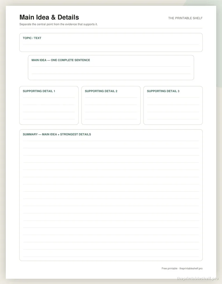 Preview of the free main idea and details organizer with a topic box, a one-sentence main idea box, three supporting detail boxes, and a summary box
