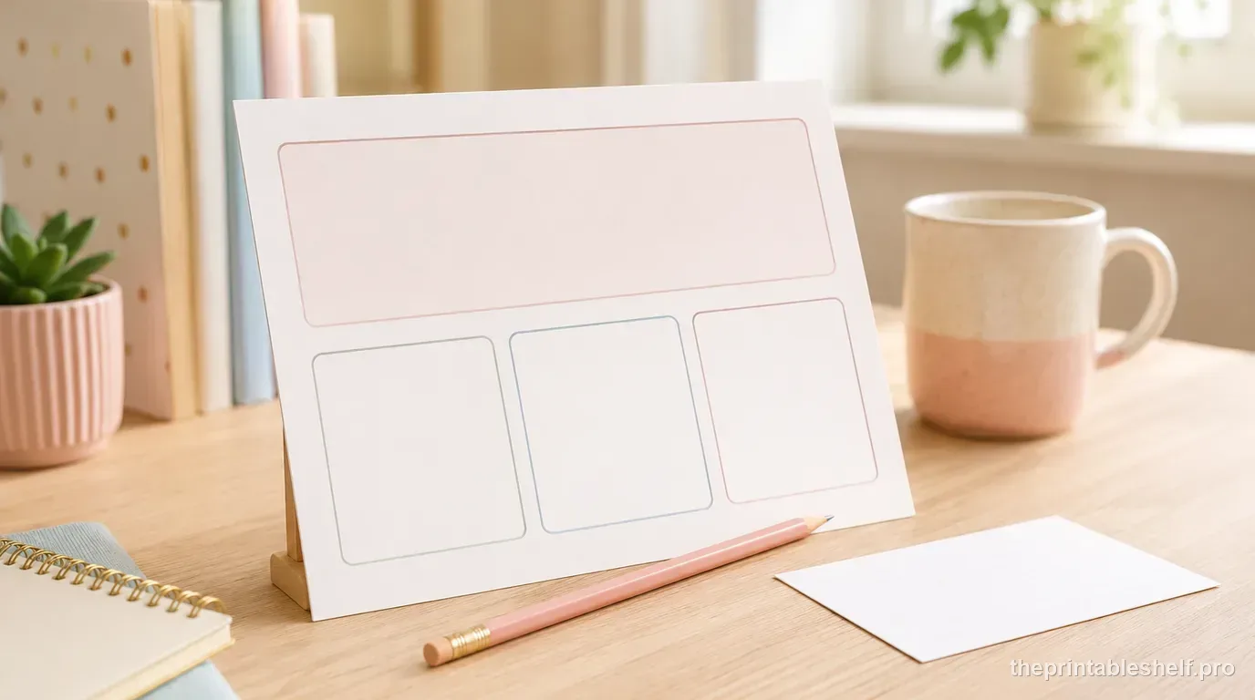 Pastel study desk with a reading passage, a pink Main Idea card, and folded blue summary notes