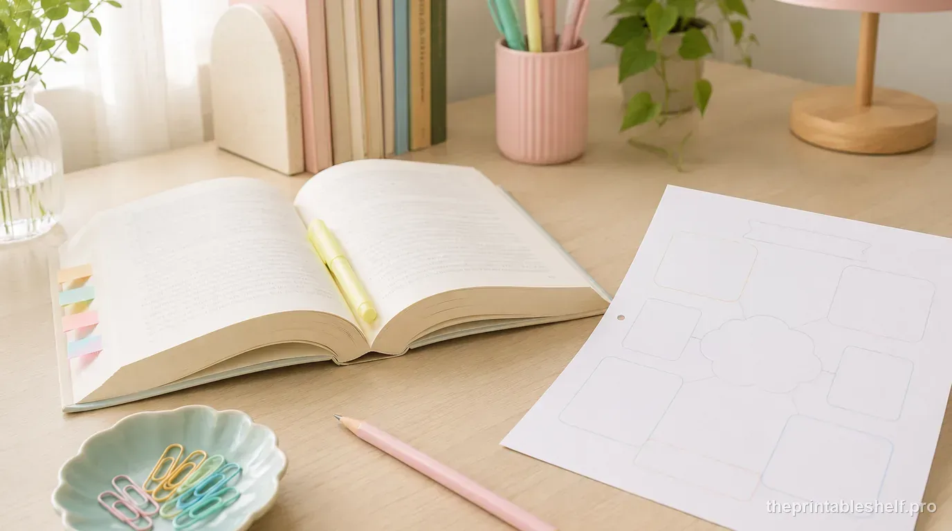 Open reading book with pastel evidence tabs leading toward a story-map comprehension organizer