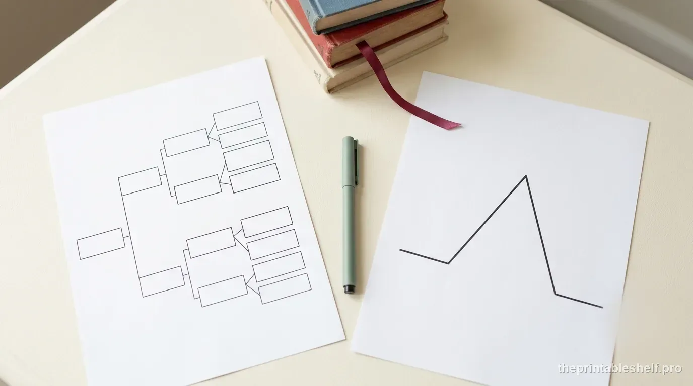 Story map worksheet beside an open book and a pink paper ribbon shaped like a plot arc