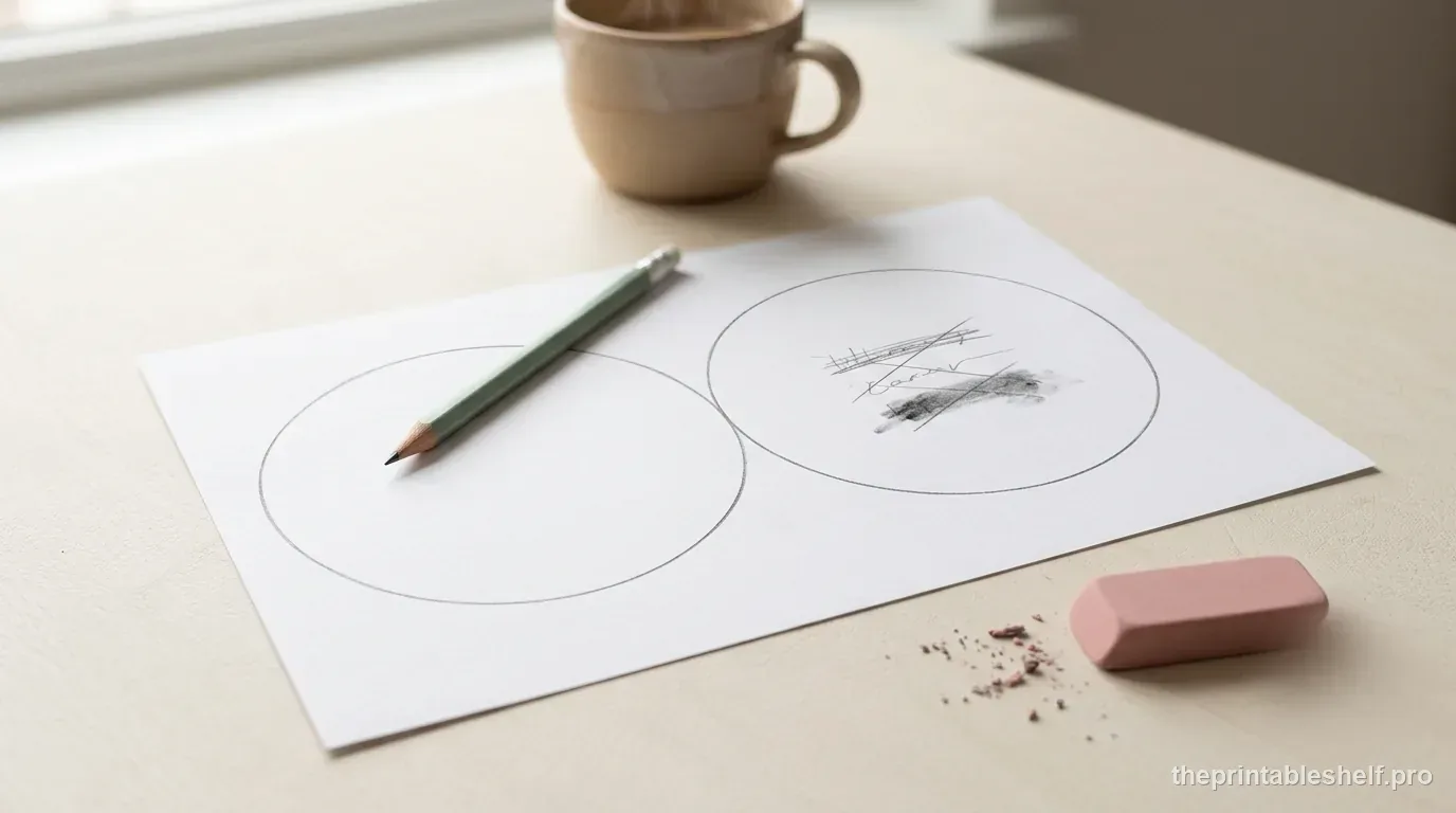 Pink and blue translucent Venn diagram circles with comparison notes on a bright study desk